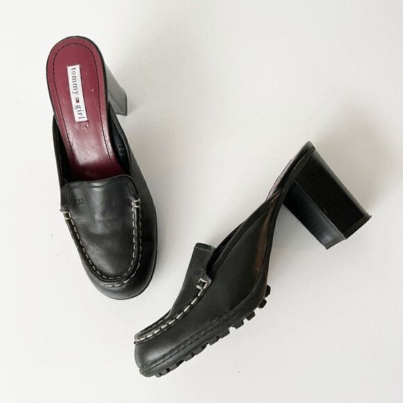 Vintage 90s Y2K Black Leather Schoolgirl‎ Mules Tommy Heeled Loafers Size 7.5 - Picture 9 of 9